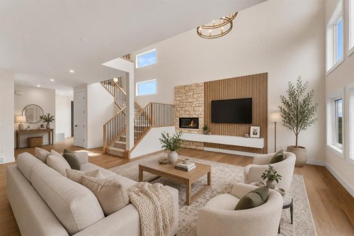 99 South Shore Road, Chestermere, AB - Indoor Photo Showing Living Room With Fireplace