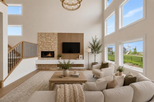 99 South Shore Road, Chestermere, AB - Indoor Photo Showing Living Room With Fireplace