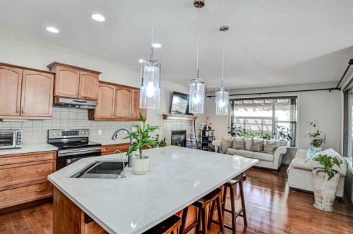 225 Chapala Drive Se, Calgary, AB - Indoor Photo Showing Kitchen With Fireplace With Double Sink With Upgraded Kitchen