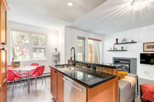 101-532 5 Avenue Ne, Calgary, AB - Indoor Photo Showing Kitchen With Fireplace With Double Sink