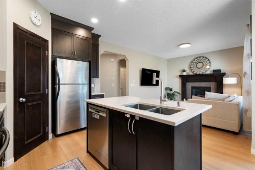 1258 New Brighton Drive Se, Calgary, AB - Indoor Photo Showing Kitchen With Fireplace With Stainless Steel Kitchen With Double Sink