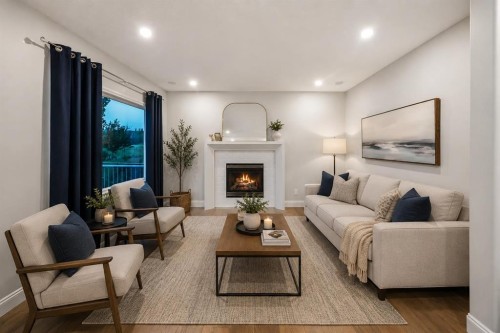 255 Gleneagles View, Cochrane, AB - Indoor Photo Showing Living Room With Fireplace