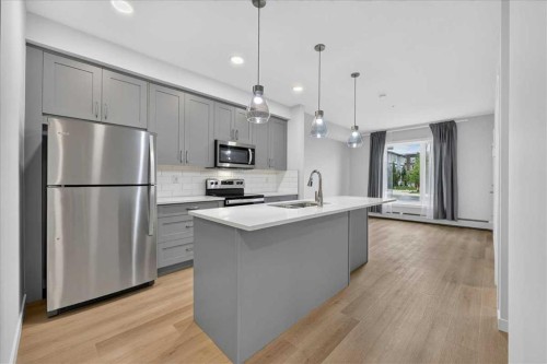 101-200 Shawnee Square Sw, Calgary, AB - Indoor Photo Showing Kitchen With Stainless Steel Kitchen With Upgraded Kitchen