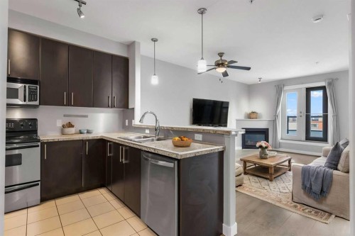 405-880 Centre Avenue Ne, Calgary, AB - Indoor Photo Showing Kitchen With Fireplace With Double Sink