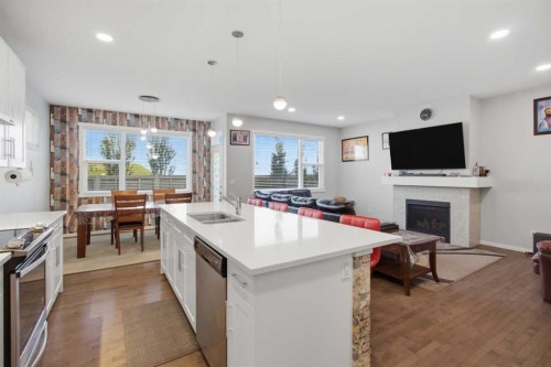 168 Savanna Lane Ne, Calgary, AB - Indoor Photo Showing Kitchen With Fireplace With Double Sink With Upgraded Kitchen