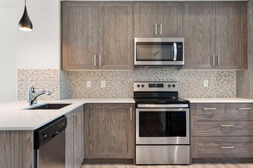 28-138 Seton Passage Se, Calgary, AB - Indoor Photo Showing Kitchen With Stainless Steel Kitchen With Upgraded Kitchen