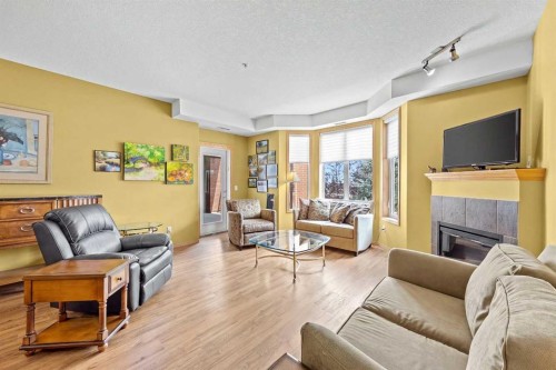 225-15 Everstone Drive Sw, Calgary, AB - Indoor Photo Showing Living Room With Fireplace