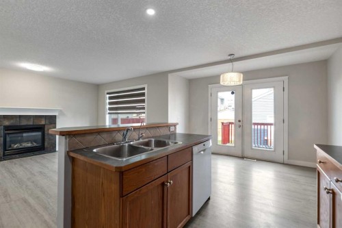 124 Saddlecrest Boulevard Ne, Calgary, AB - Indoor Photo Showing Kitchen With Fireplace With Double Sink