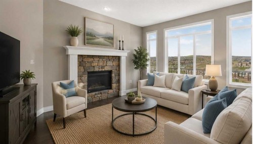 30 Evansborough View Nw, Calgary, AB - Indoor Photo Showing Living Room With Fireplace