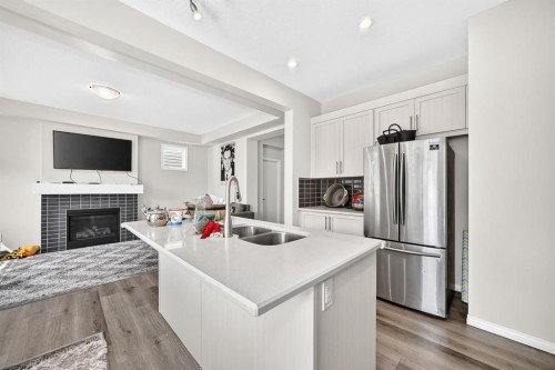 122 Cityside Way Ne, Calgary, AB - Indoor Photo Showing Kitchen With Fireplace With Double Sink