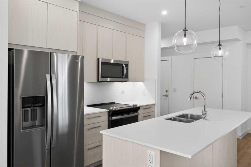 3201-6 Merganser Drive West, Chestermere, AB - Indoor Photo Showing Kitchen With Stainless Steel Kitchen With Double Sink With Upgraded Kitchen