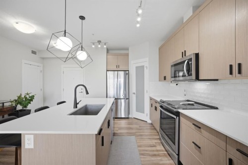 213-400 Auburn Meadows Common Se, Calgary, AB - Indoor Photo Showing Kitchen With Upgraded Kitchen