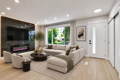 244 Huntridge Road Ne, Calgary, AB - Indoor Photo Showing Living Room With Fireplace