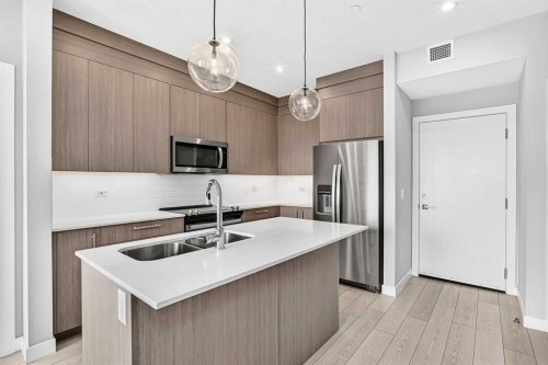 2110-6 Merganser Drive West, Chestermere, AB - Indoor Photo Showing Kitchen With Stainless Steel Kitchen With Double Sink With Upgraded Kitchen
