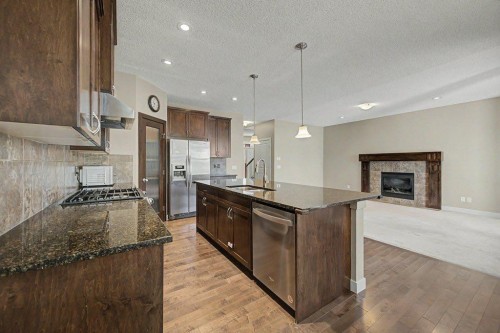64 Copperpond Terrace Se, Calgary, AB - Indoor Photo Showing Kitchen With Fireplace