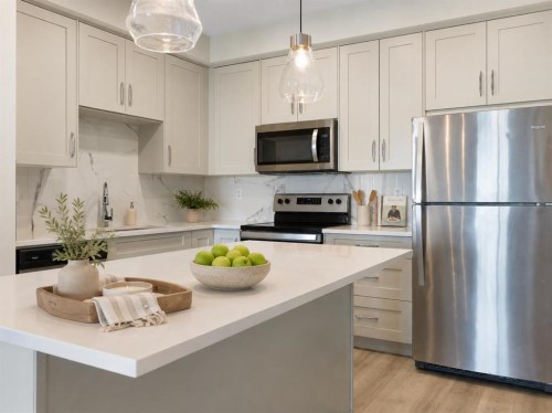 202-150 Shawnee Square Sw, Calgary, AB - Indoor Photo Showing Kitchen With Stainless Steel Kitchen With Upgraded Kitchen