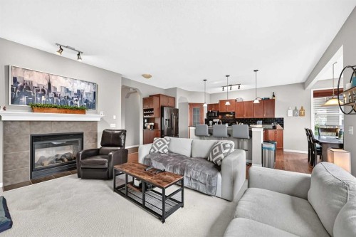 121 Chapalina Heights Se, Calgary, AB - Indoor Photo Showing Living Room With Fireplace