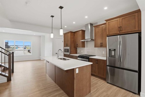 92 Buffaloberry Manor Se, Calgary, AB - Indoor Photo Showing Kitchen With Stainless Steel Kitchen With Double Sink With Upgraded Kitchen