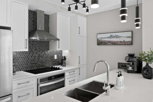 302-2231 Mahogany Boulevard Se, Calgary, AB - Indoor Photo Showing Kitchen With Double Sink With Upgraded Kitchen