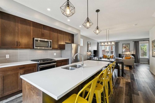 102 Shawnee Common Sw, Calgary, AB - Indoor Photo Showing Kitchen With Stainless Steel Kitchen With Double Sink With Upgraded Kitchen