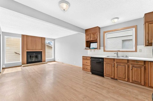128 Erin Woods Drive Se, Calgary, AB - Indoor Photo Showing Kitchen With Fireplace With Double Sink