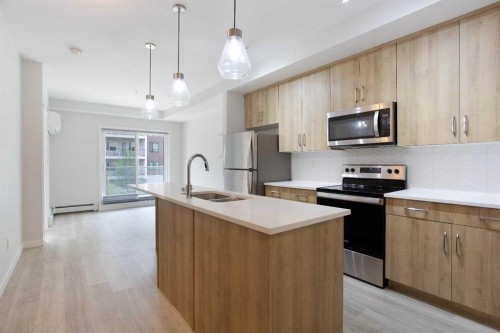 206-71 Shawnee Common Sw, Calgary, AB - Indoor Photo Showing Kitchen With Double Sink With Upgraded Kitchen