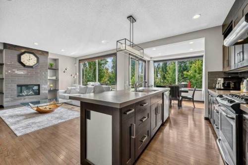 23 Cranarch Landing Se, Calgary, AB - Indoor Photo Showing Kitchen With Fireplace With Double Sink With Upgraded Kitchen