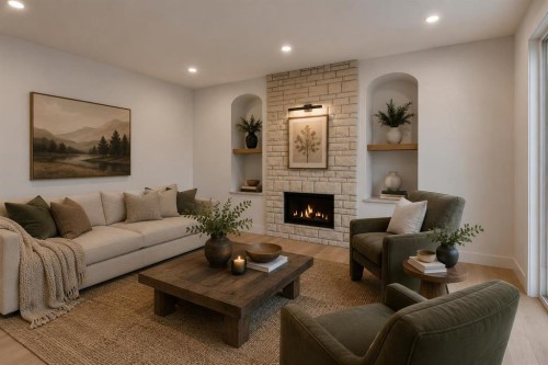 111 North Bridges Garden, Langdon, AB - Indoor Photo Showing Living Room With Fireplace