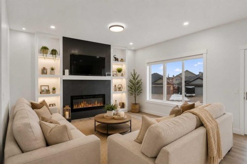 67 Lakes Estates Circle, Strathmore, AB - Indoor Photo Showing Living Room With Fireplace