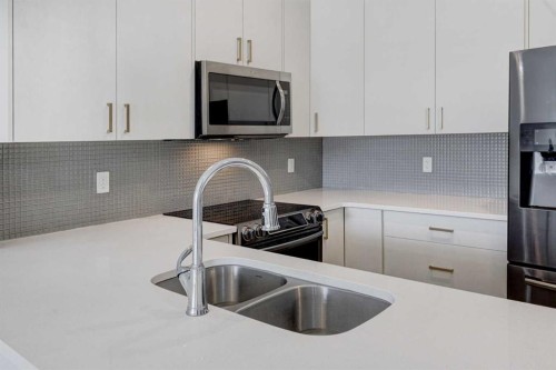 110-214 Sherwood Square Nw, Calgary, AB - Indoor Photo Showing Kitchen With Stainless Steel Kitchen With Double Sink With Upgraded Kitchen