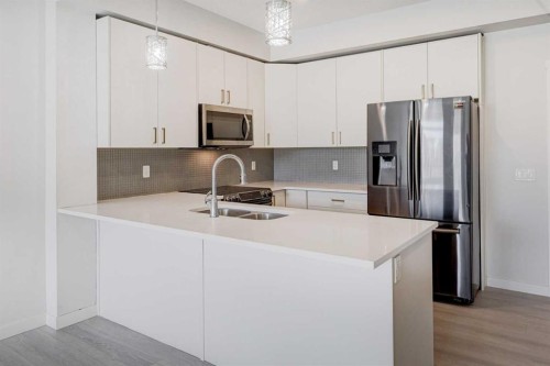110-214 Sherwood Square Nw, Calgary, AB - Indoor Photo Showing Kitchen With Stainless Steel Kitchen With Double Sink With Upgraded Kitchen