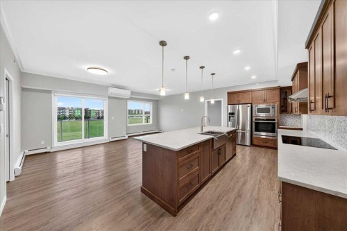 406-4350 Seton Drive Se, Calgary, AB - Indoor Photo Showing Kitchen With Stainless Steel Kitchen With Double Sink With Upgraded Kitchen