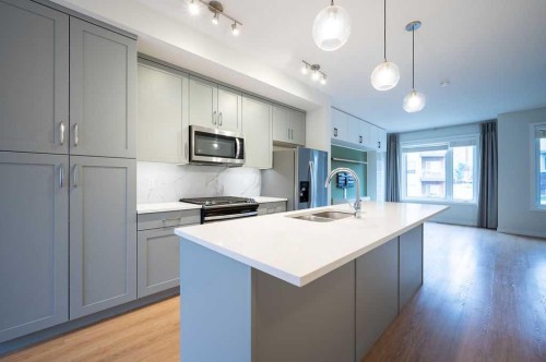 84 Shawnee Common Sw, Calgary, AB - Indoor Photo Showing Kitchen With Double Sink With Upgraded Kitchen