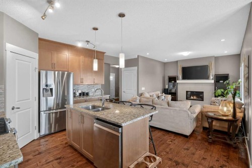 268 Rainbow Falls Green, Chestermere, AB - Indoor Photo Showing Kitchen With Fireplace With Stainless Steel Kitchen With Double Sink With Upgraded Kitchen
