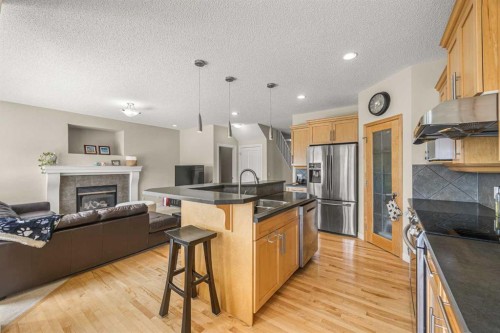 35 Covepark Place Ne, Calgary, AB - Indoor Photo Showing Kitchen With Fireplace With Stainless Steel Kitchen With Upgraded Kitchen