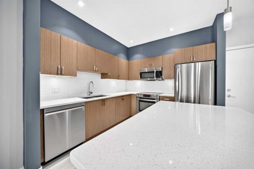 202-10 Auburn Bay Link Se, Calgary, AB - Indoor Photo Showing Kitchen With Stainless Steel Kitchen With Upgraded Kitchen