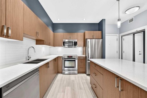 202-10 Auburn Bay Link Se, Calgary, AB - Indoor Photo Showing Kitchen With Stainless Steel Kitchen With Double Sink With Upgraded Kitchen