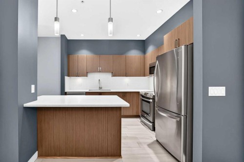 202-10 Auburn Bay Link Se, Calgary, AB - Indoor Photo Showing Kitchen With Stainless Steel Kitchen With Upgraded Kitchen