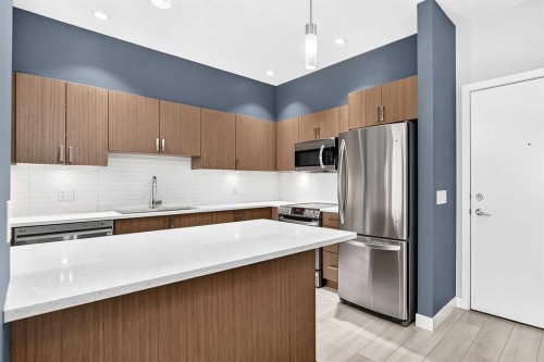 202-10 Auburn Bay Link Se, Calgary, AB - Indoor Photo Showing Kitchen With Stainless Steel Kitchen With Upgraded Kitchen