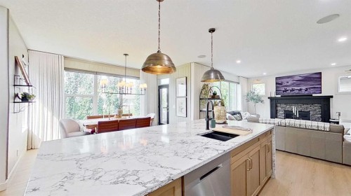 107 Auburn Sound Cove Se, Calgary, AB - Indoor Photo Showing Kitchen With Fireplace With Upgraded Kitchen