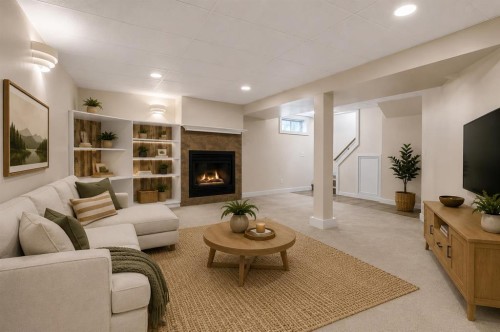 127 Fredson Drive Se, Calgary, AB - Indoor Photo Showing Basement With Fireplace