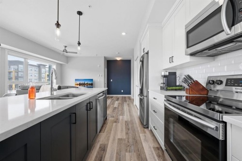 224-4150 Seton Drive Se, Calgary, AB - Indoor Photo Showing Kitchen With Double Sink
